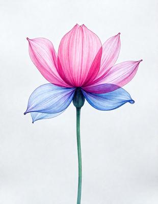 The primary subject of the image is a single pink and blue flower, which is the main focus of the scene. The setting is a white background, which provides a clean and minimalist appearance. The visual style of the image is a combination of digital art and illustration, as it features a detailed and colorful flower. The dominant colors in the image are pink and blue, creating a warm and vibrant atmosphere.